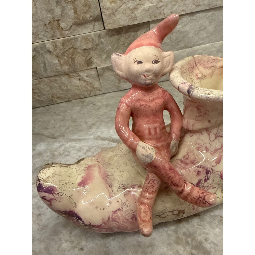 Treasure Craft Pixie Elf on Shoe Planter Pink Purple Marbled Ceramic Vintage - Picture 4 of 12